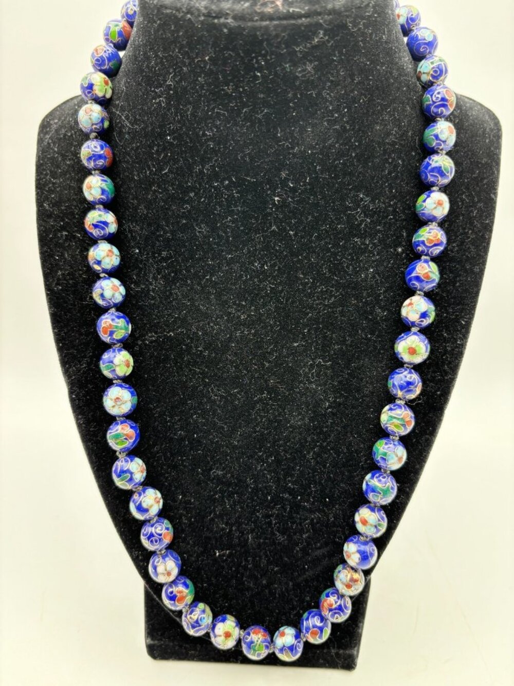 Vintage Chinese Export Cloisonne Necklace Blue Gold Tone Hand Knotted